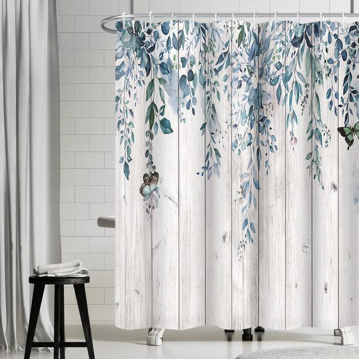 Шторка для душу 180x220 см, антигрибкова, з тропічним дизайном (пальмові листя, евкаліпт, гриби), водонепроникна, поліестер, для ванної кімнати, з 12 гачками (блакитна)