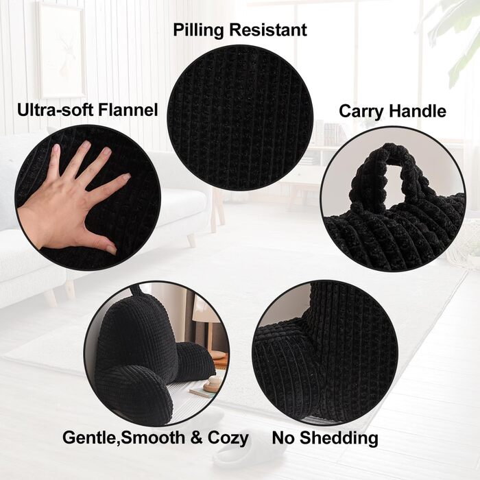 Крісло-мішок Holawakaka для дорослих з підлокітниками та спинкою, чорний, великий - для читання, відпочинку та роботи за ноутбуком