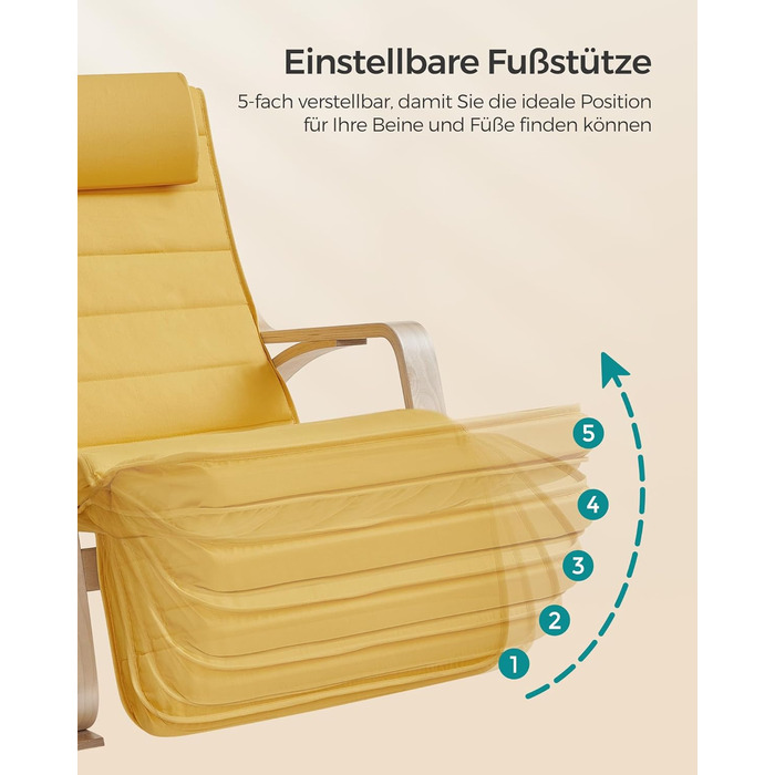 Крісло-гойдалка SONGMICS з підлокітниками з натурального дерева, регульована підставка для ніг, до 150 кг, для спальні/вітальні, темно-натуральний колір, бавовна/поліестер