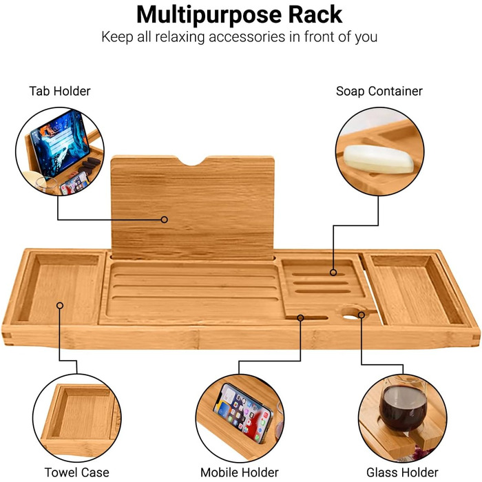 Підставка для ванни ADOV з бамбука, розширювана, з місцем для телефону, книги, напоїв та свічки. Підходить для більшості ванн