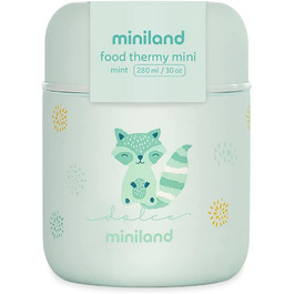 Термоізоляційний контейнер Miniland Food Thermy Mini Mint об'ємом 280 мл з подвійним сталевим ізоляційним шаром підтримує температуру продуктів протягом декількох годин.