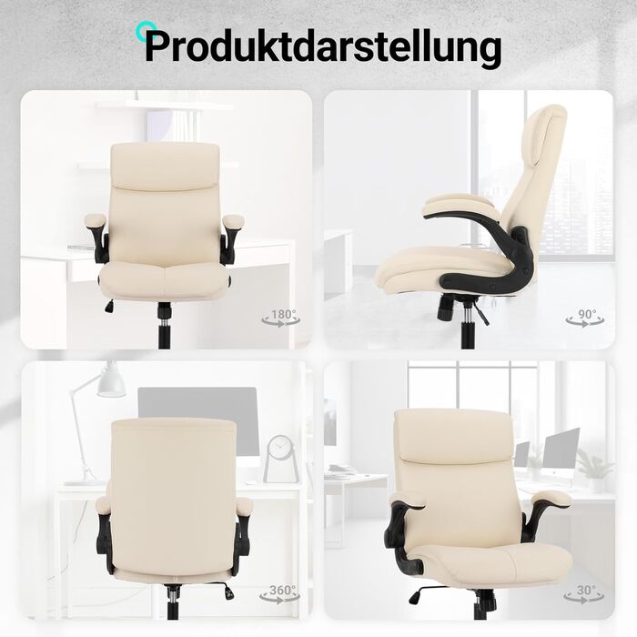 Офісний крісло Colamy: ергономічне, з високою спинкою, регульовані підлокітники, шкіряне покриття (слонова кістка)