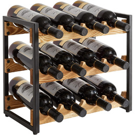 Стеллаж для вина IBUYKE: 3 яруси, 12 пляшок, металевий каркас, дерево, для кухні, бару, вітальні