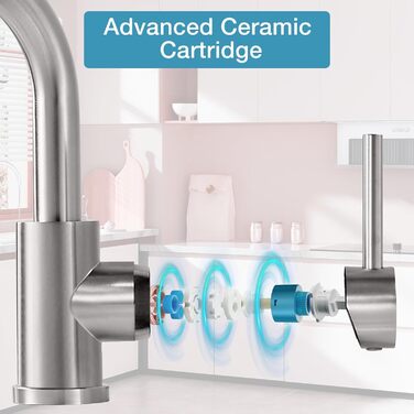 Змішувач для ванної кімнати/кухні з нержавіючої сталі, поворотний на 360°, висота виливу 150 мм, з однорідним змішувачем, покриття - нікель