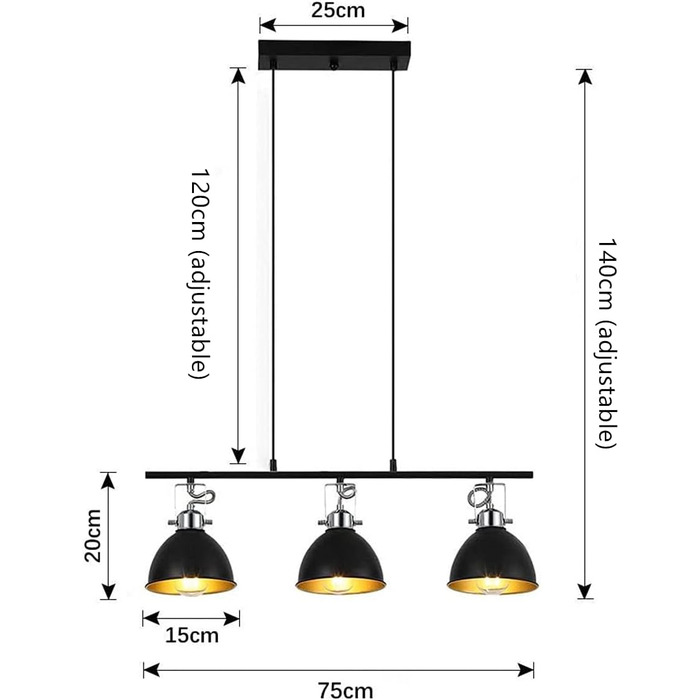 Підвісний світильник Black Retro E27 регулюється по висоті для вітальні, їдальні, кафе (3-полум'я)