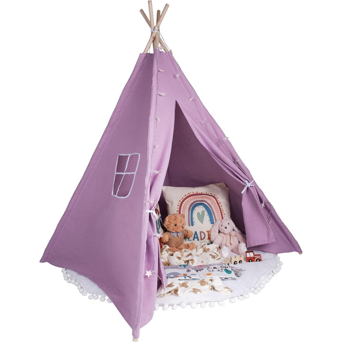 Дитячий намет-тіпі у фіолетовому кольорі | Ігровий намет-тіпі для дівчаток та хлопчиків, 140 x 120 см, бавовняний тканний матеріал зі зірочками та килимком