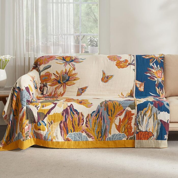 Богемна ковдра Boho Decke 100% бавовна – двостороння муслінова ковдра 150x200 см, м'яка ковдра для дивана та покривало для ліжка, естетичний дизайн, ідеально для вітальні та спальні, помаранчевий/зелений 150 x 200 см, Sommertanz