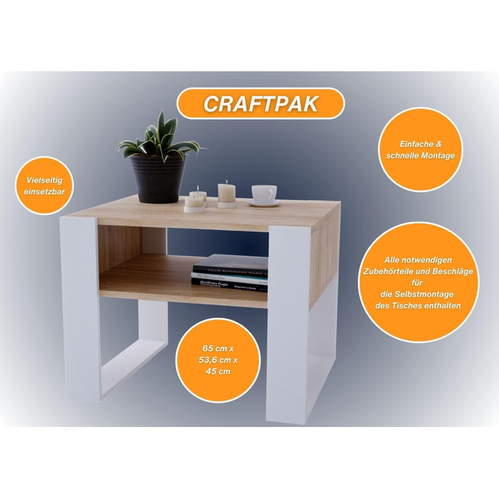 Стіл для вітальні CraftPAK для дивана з високоякісного дерева, міцний і сучасний журнальний столик з додатковим місцем для зберігання, колір (Bardolino White)