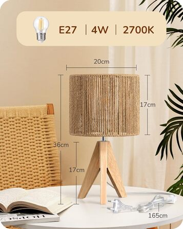 LED настільна лампа EDISHINE з абажуром з ручної роботи та дерев'яною підставкою, тепле світло 2700K, бохо-стиль для спальні, вітальні та готелю, з лампочкою E27 4W, паперовий шнур