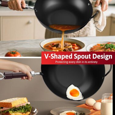 Вок Jobin 32 см з вуглецевої сталі з кришкою, дерев'яним та сталевим ручками, для приготування азійських страв (3-5 осіб), сумісний з Induktion, електро та газовими плитами - Чорний