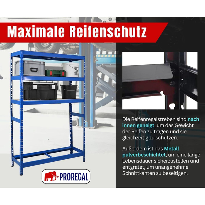 Стеляж для шин PROREGAL Tiger XL, 200x180x45 см, 300 кг на полицю, до 205/55 R16, для автосервісу, складу, підвалу (6 шин + 6 полиць, блакитний)
