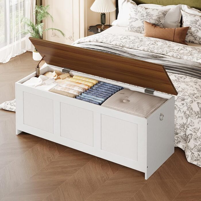 HOOBRO Лавка з ящиком для іграшок, 100 см, білий + натуральне дерево, з безпечним шарніром, для передпокою