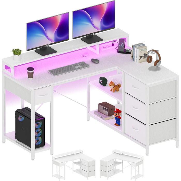Комп'ютерний стіл YITAHOME L-подібної форми з USB-портом та розеткою, 140x100 см, білий, з 4 шухлядами та полицею