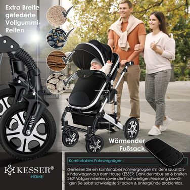 KESSER® Loops: Коляска 3-в-1 для дітей з люлькою, автокріслом та прогулянковим блоком. Комплект включає: автокрісло, люлька, прогулянковий блок, візок, колеса з повним покриттям, сумка для підгузків, дощовик, столик для дитини. Відповідає стандарту ECE R1