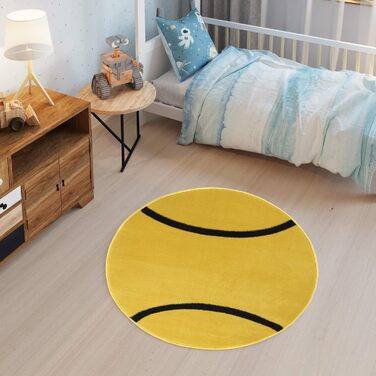 Дитячий килимок з коротким ворсом Дитяча кімната Дитячий килимок Волейбольний мотив Білий Синій Жовтий Круглий Ігровий килимок Молодіжна кімната KOTEX (100 x 100 см, жовтий)