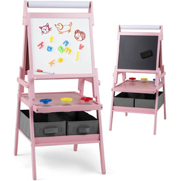 Дитяча мольберт DREAMADE 3 в 1: магнітна дошка, крейдяна дошка, рулон паперу, фарби та аксесуари. Для дітей від 3 років (білий/рожевий)