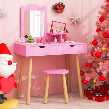 Детский туалетний столик COSTWAY 2-в-1 зі стільчиком та дзеркалом, з шухлядами, для дівчаток 3-7 років (Рожевий, без підсвічування)