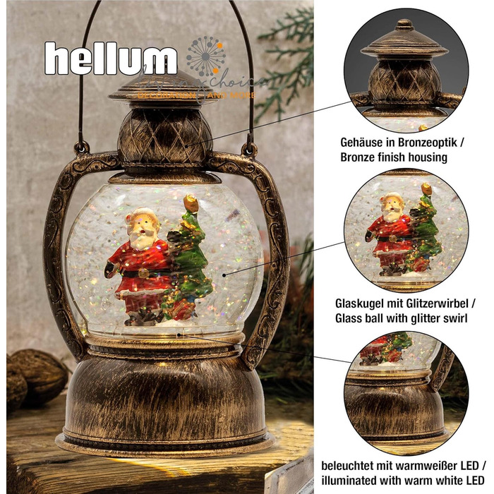 LED ліхтар Hellum у вигляді сніжної кулі на Новий рік, 14x20 см, з підсвіткою, на батарейках, для прикраси ялинки та дому