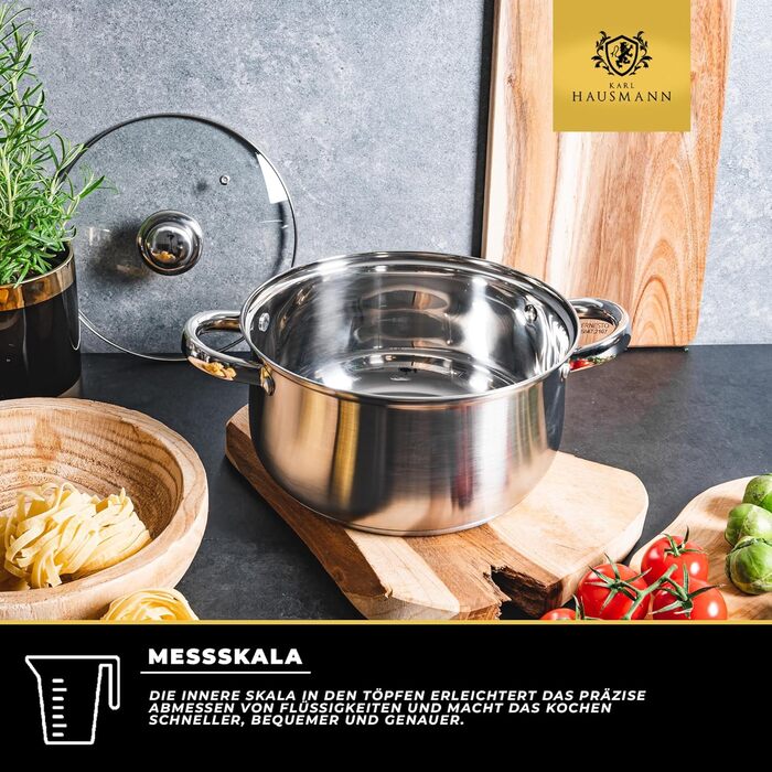 Набір каструль Karl Hausmann з нержавіючої сталі (індукційні) 3 шт. - для всіх типів плит - з кришкою з термостійкого скла - з мірною шкалою