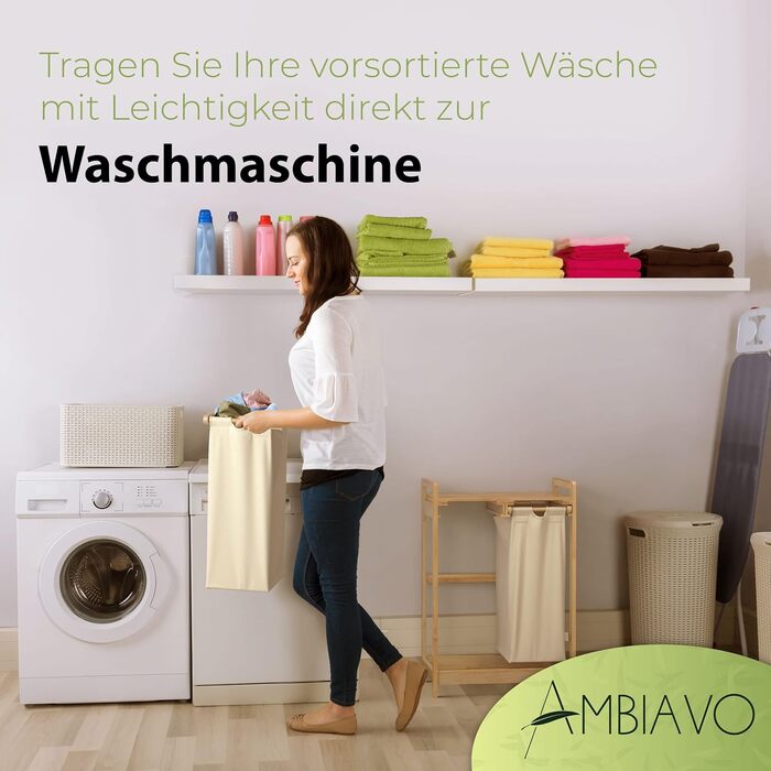 Кошик для білизни AMBIAVO 2 відділення, 60 л, кремово-бежевий, бавовна та бамбук, збирач для білизни, сортувальник білизни
