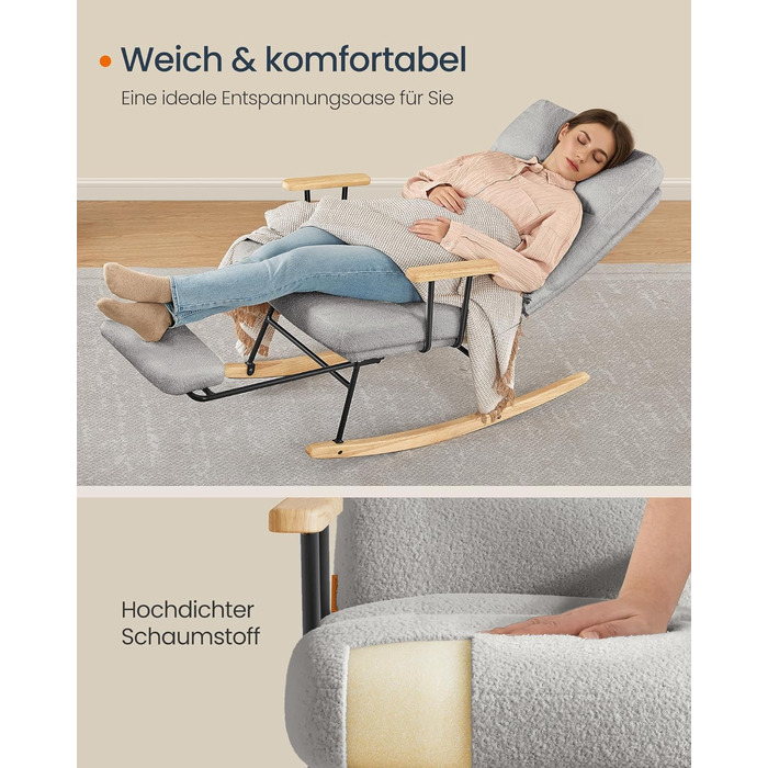 Крісло-гойдалка SONGMICS HOME з дерева каучука, з флісовою оббивкою, регульована спинка, до 160 кг, сірий (LYY016LJ01)