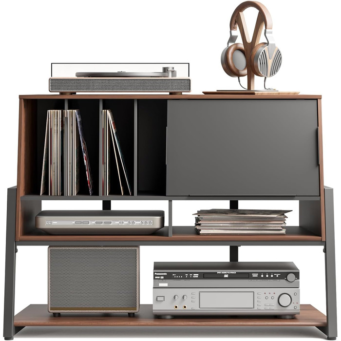 Стіл для програвача FITUEYES DESIGN з дерева, велика тумба Hi-Fi з висувною дверцятами, полиця для 120 платівок, вантажопідйомність 50 кг, серія Eiffel