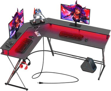 Ігровий стіл SEVEN WARRIOR з LED-підсвічуванням, розетками, моніторний стійка, 2 гачки, L-подібний, 147 см