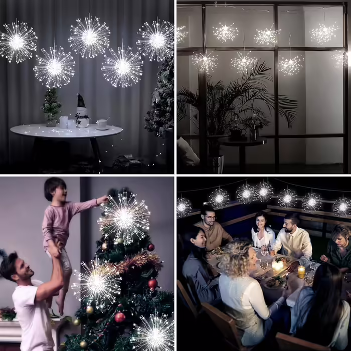 Гірлянда JIMACRO LED 4 шт. 120 LED, феєрверк, зірковий спалах, USB, 8 режимів, водонепроникна, з пультом, для вулиці та приміщення, біла, для Нового року, весілля, вечірки