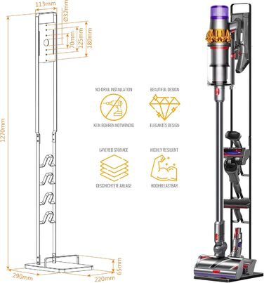 Зарядна станція для пилососа RICOO для Dyson V6-V11, кронштейн SH502, 29x22x127 см, чорний