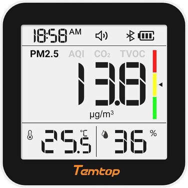 Temtop C10-2ND Монітор CO2 з Bluetooth та App, вимірювання температури та вологості, для дому та офісу