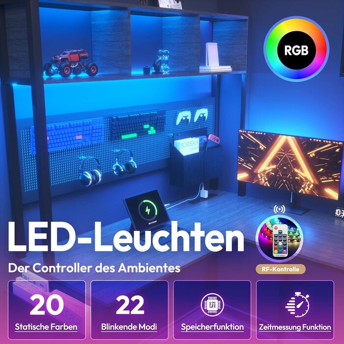 Dowinx Геймінговий кутовий стіл з LED-підсвічуванням, 120x148 см, з розетками та USB, сірий