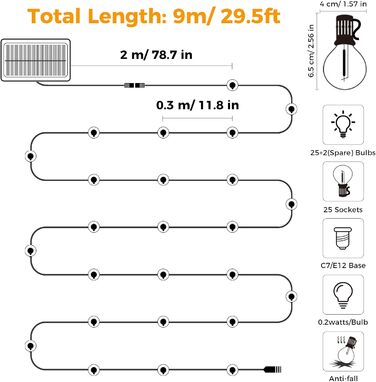 Сонячна гірлянда для вулиці Litogo з 27 лампочками G40, 8 режимів, диммування, з пультом, для балкона, саду, тераси, тепле світло