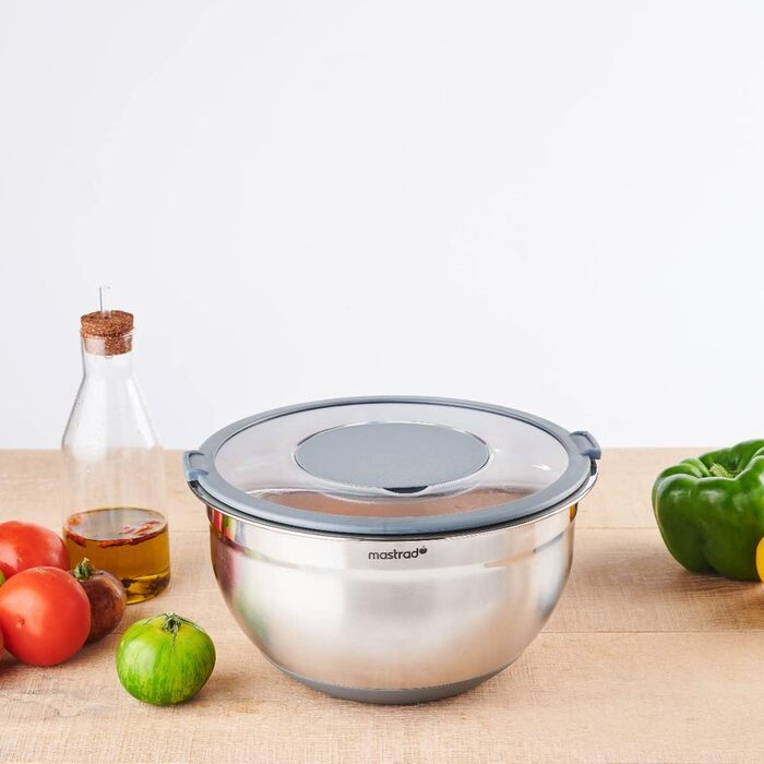 Нержавіюча чаша Mastrad для змішування, випікання та зберігання продуктів з прозорим кришкою та ручками (24 см)