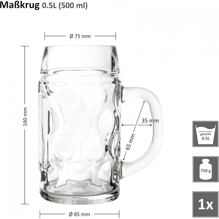 Набір пивних кружок Van Well 12 шт., 0,5 л, зі шкалою, для ресторану та бару | Скляні кружки для пива, стійкі до миття в посудомийній машині