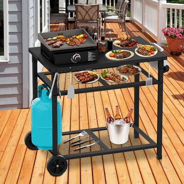 Гриль-вогнівку з грилем та піч для піци на коліщатках - стіл для гриля та піци для вулиці з двома сітчастими полицями для дому, вечірки, кемпінгу