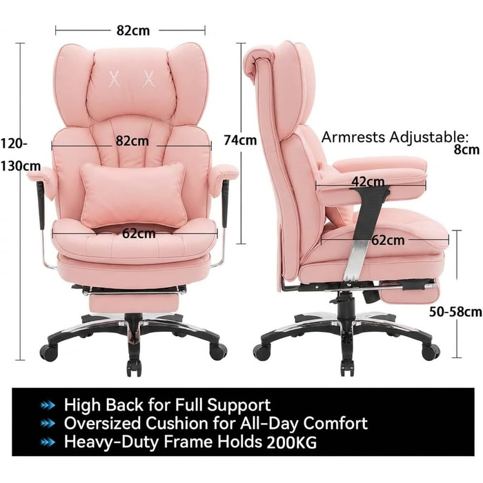 Ергономічне офісне крісло Efomao для дому та геймінгу, шкірзам PU, чорно-рожеве, до 200 кг, з підставкою для ніг та підтримкою попереку