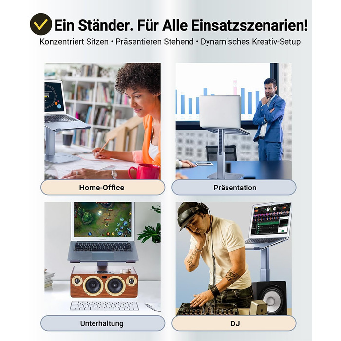 Регульований підставка для ноутбука, стійка для ноутбука на стіл, можливість стоячи, підставка для DJ ноутбука, компактна альтернатива столу, сумісна з MacBook та ноутбуками 13' - 16.5', чорний (сріблястий)