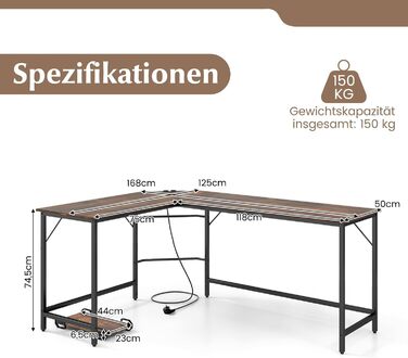 Письмовий стіл COSTWAY L-подібний з розетками та підставкою для процесора, 168x125x74.5 см, сільський коричневий