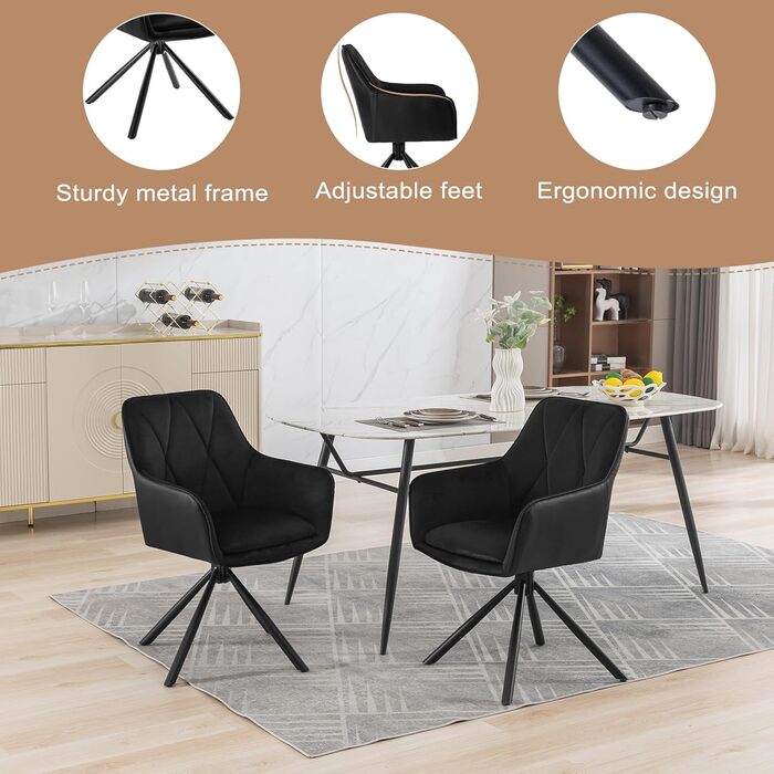 Обідні стільці Lestarain, поворотні, для кухні, спальні, вітальні, комплект з 4 шт. М'які, з підлокітниками та спинкою, на металевих ніжках, оксамит, чорний колір