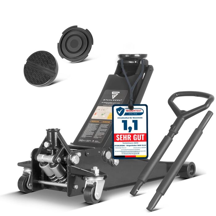 Гідравлічний домкрат Stahlwerk 3т низькопрофільний 73-500мм з гумовими колесами та поворотним руків'ям