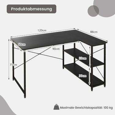 Стол кутовий COSTWAY L-подібний, комп'ютерний з полицею (правий/лівий), 120 x 88 x 74,5 см (чорний)