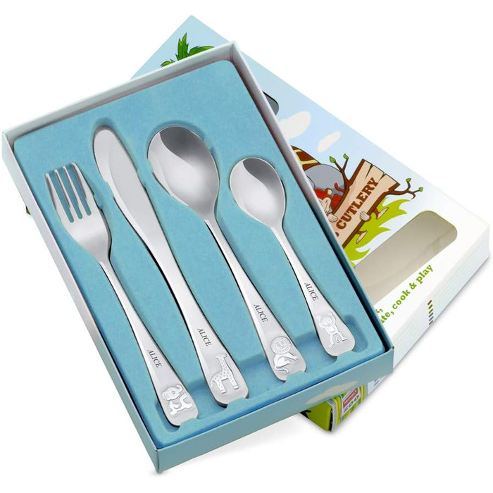 Набір дитячого столового прибору Maverton Kinderbesteck Set з гравіюванням - 4 предмети. Ідеальний подарунок для дітей від 3 років. З нержавіючої сталі, придатний для миття в посудомийній машині.