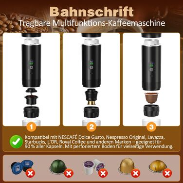 ADOGO Портативна кавомашина для еспресо з акумулятором, 20 Bar, електрична, сумісна з капсулами NS та меленою кавою, для подорожей та кемпінгу