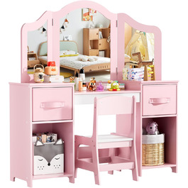 Дитячий туалетний столик MAMIZO 2 в 1 з дзеркалом та пуфом, рожево-білий (108x30x114 см)