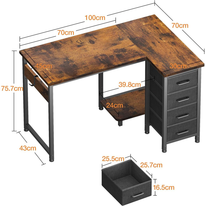 Комп'ютерний стіл Coleshome L-подібний, 120x70 см, 4 шухляди, для офісу/кабінету/спальні, вінтажний коричневий