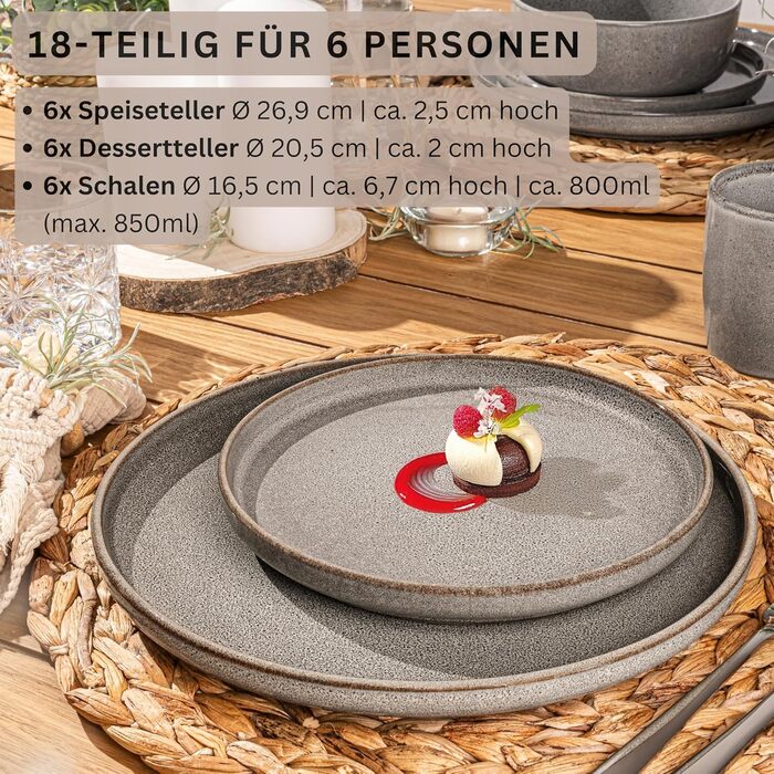 SÄNGER Kairo Graphit: Сервіз столовий 18 предметів, керамічний, для 6 осіб (6 тарілок, 6 десертних тарілок, 6 чашок), колір мокко-коричневий