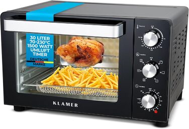 Міні-піч Klamer з конвекцією (30 літрів), 6 режимів випікання, 70-230°C, таймер 120 хв, з поворотним шампуром, грати для гриля, дека для крихт, 1500 Вт, піца Ø30см, чорний