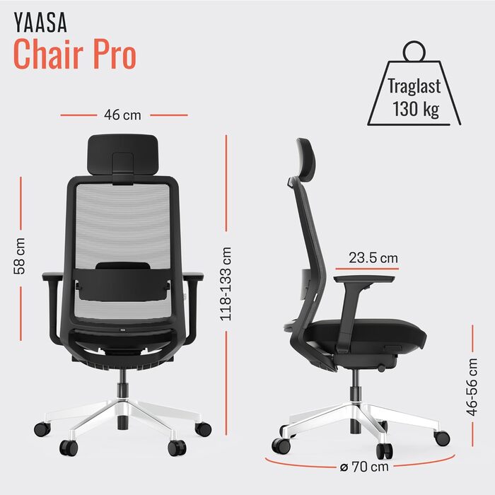 Яса Чейр Плюс: Ергономічне офісне крісло з підголівником, 2D-підтримкою попереку та 4D-підлокітниками | Переможець тесту! До 150 кг, чорний