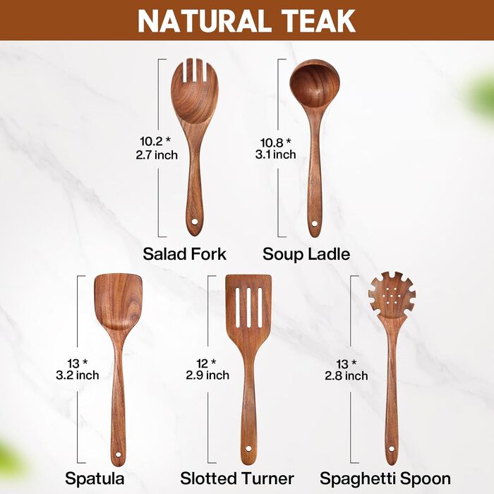 Набір кухонних аксесуарів з текового дерева (10 шт) з підставкою: лопатка, половник, шумовка, ложка для салатів, виделка для салатів