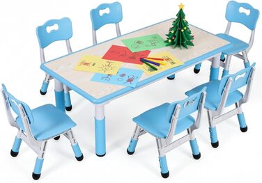 Дитячий стіл MAMIZO з 4 стільцями, регульована висота, набір для дитячої кімнати/садочка, пластикові меблі, сидіння для хлопчиків та дівчаток від 2 років (60 x 60 x 120 см, блакитний)